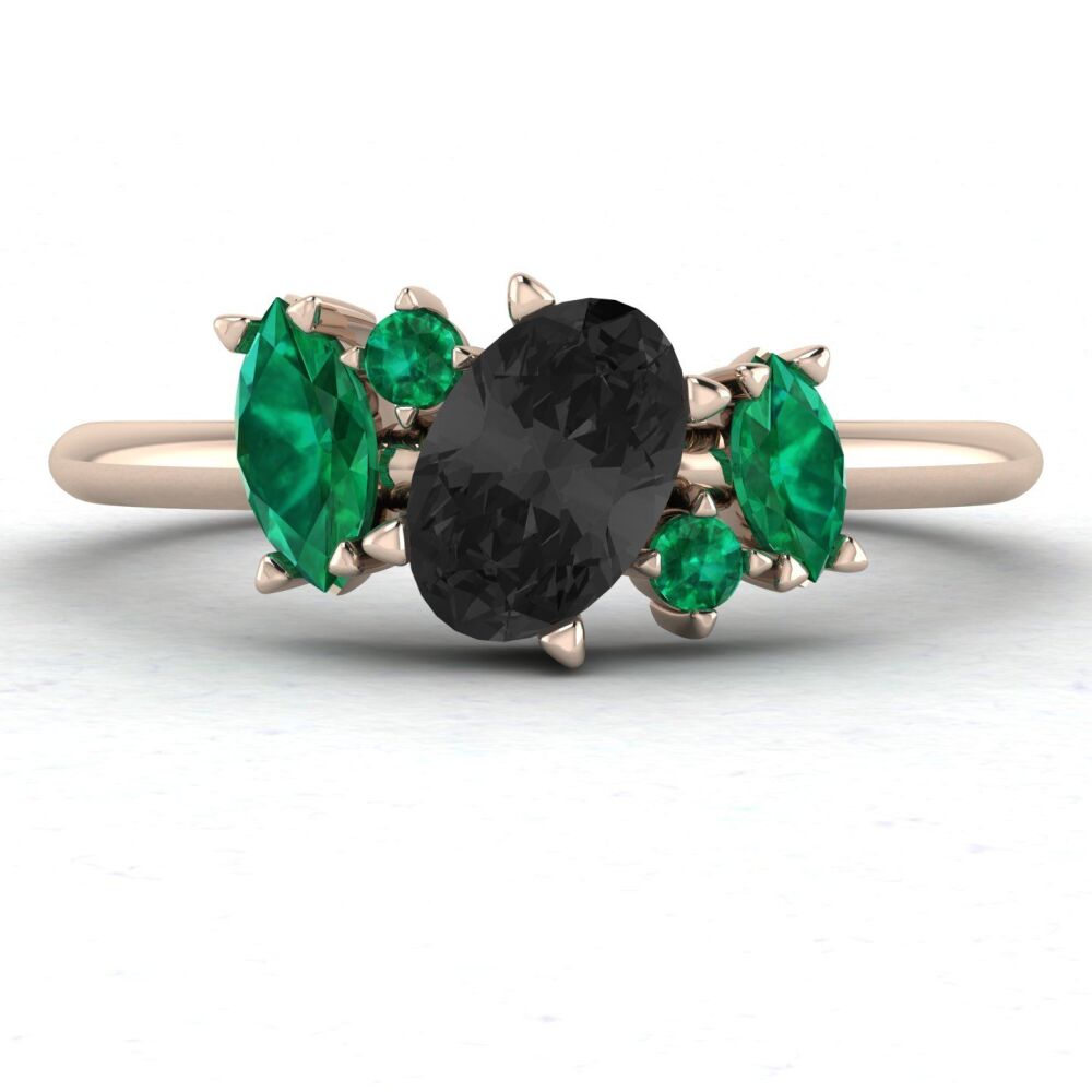 Atlantis Black Diamond and Emerald Asymmetrical Engagement Ring in 18ct Rose Gold