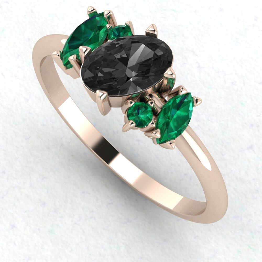 Atlantis Black Diamond and Emerald Asymmetrical Engagement Ring in 18ct Rose Gold