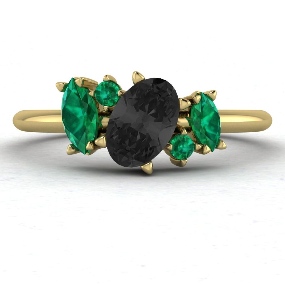 Atlantis Black Diamond and Emerald Asymmetrical Engagement Ring in 18ct Yellow Gold