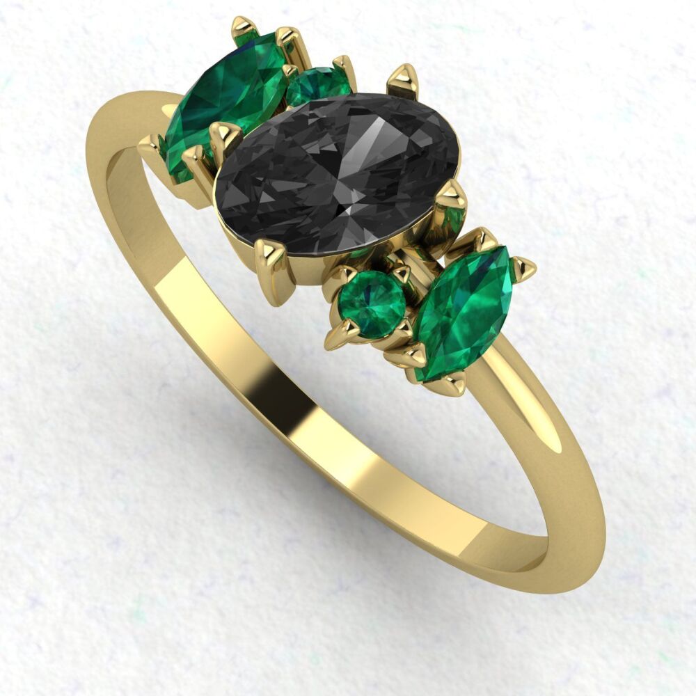 Atlantis Black Diamond and Emerald Asymmetrical Engagement Ring in 18ct Yellow Gold