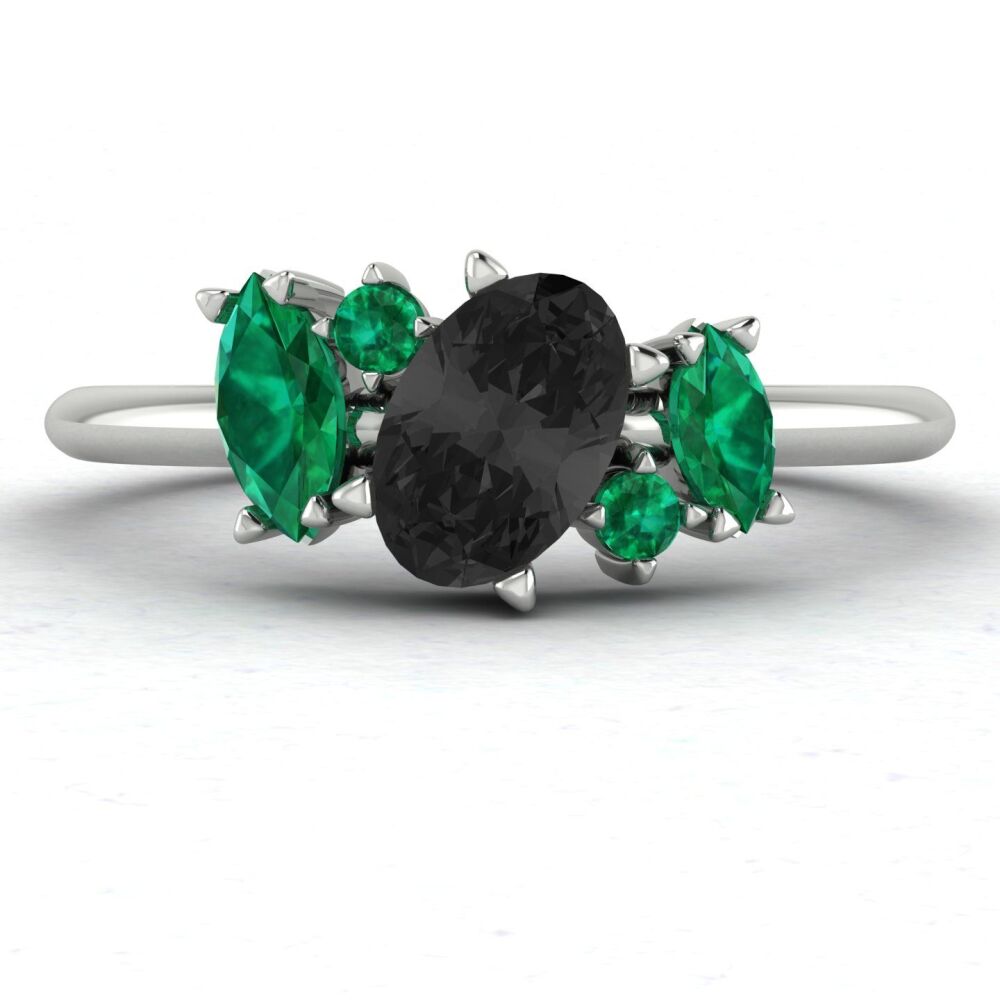 Atlantis Black Diamond and Emerald Asymmetrical Engagement Ring in Platinum or 18ct White Gold