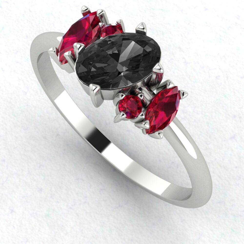 Atlantis Black Diamond and Ruby Asymmetrical Engagement Ring in Platinum or 18ct White Gold