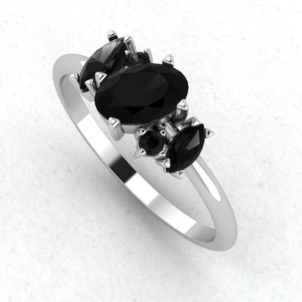 Atlantis Black Diamond Asymmetrical Engagement Ring in Platinum or 18ct White Gold