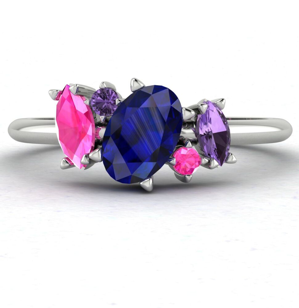 Atlantis Blue Rainbow Sapphire Asymmetrical Engagement Ring in Platinum or 18ct White Gold