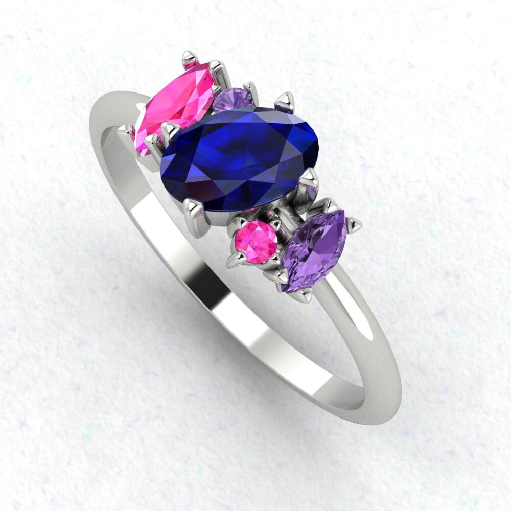 Atlantis Blue Rainbow Sapphire Asymmetrical Engagement Ring in Platinum or 18ct White Gold