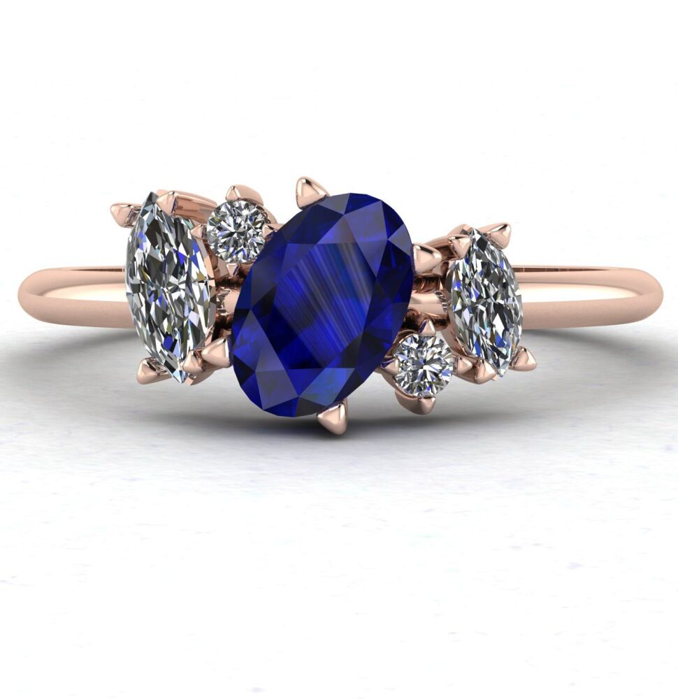 Atlantis Blue Sapphire and Diamond Asymmetrical Engagement Ring in 18ct Rose Gold