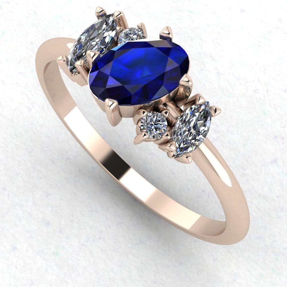 Atlantis Blue Sapphire and Diamond Asymmetrical Engagement Ring in 18ct Rose Gold