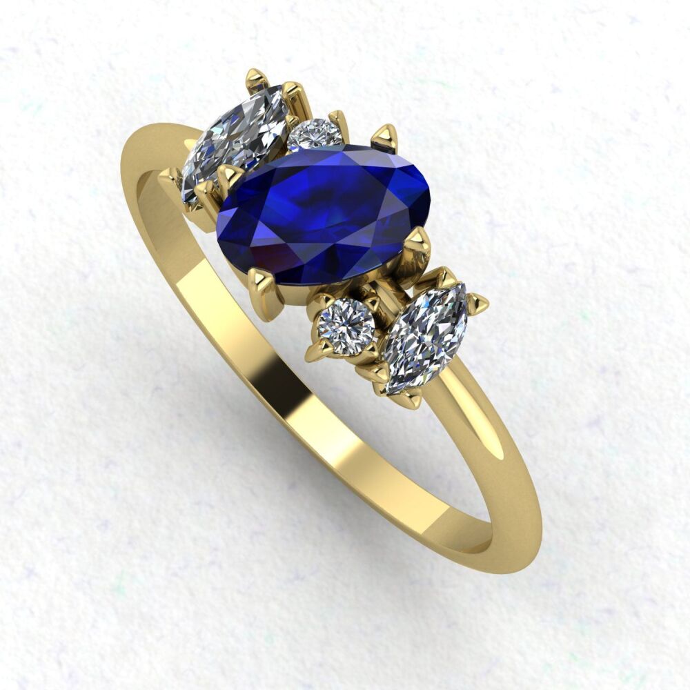 Atlantis Blue Sapphire and Diamond Asymmetrical Engagement Ring in 18ct Yellow Gold