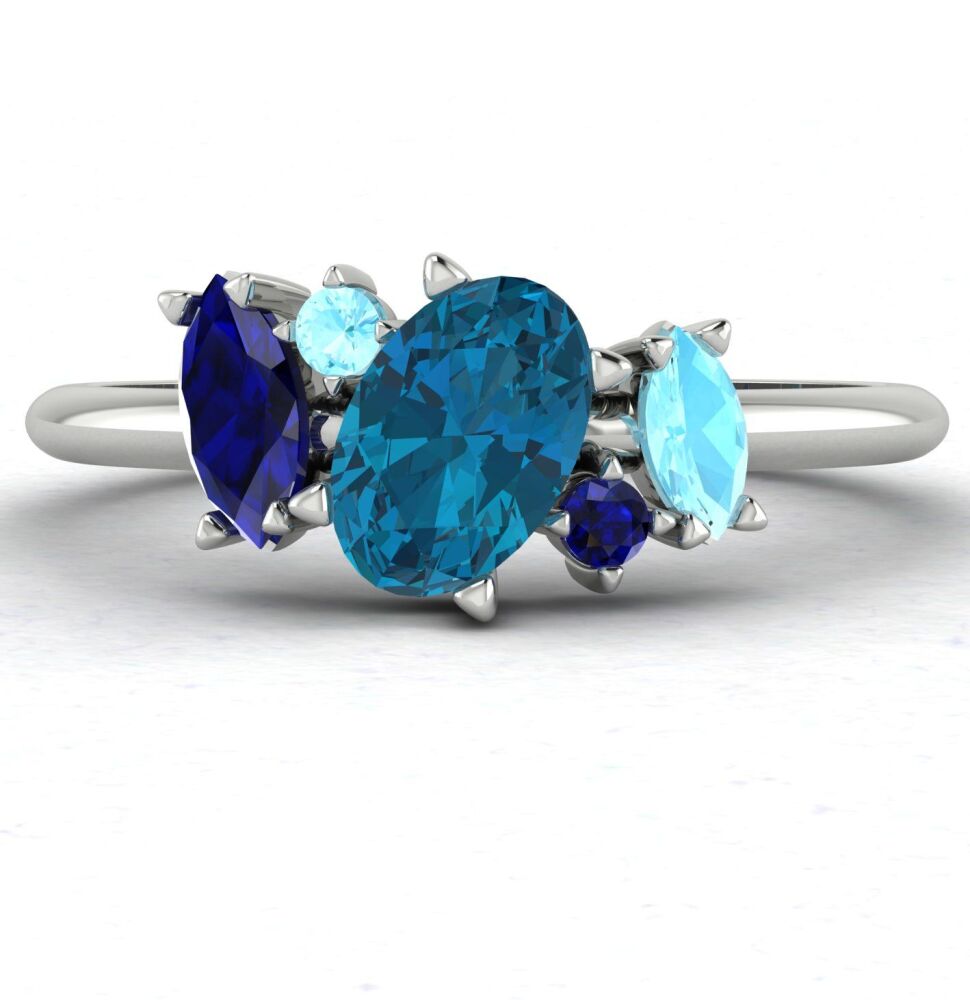 Atlantis Blue Topaz and Aquamarine Asymmetrical Engagement Ring in Platinum or 18ct White Gold
