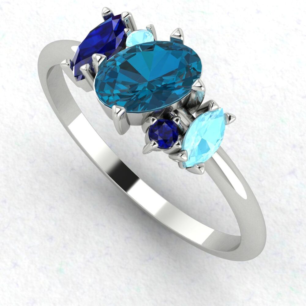 Atlantis Blue Topaz and Aquamarine Asymmetrical Engagement Ring in Platinum or 18ct White Gold