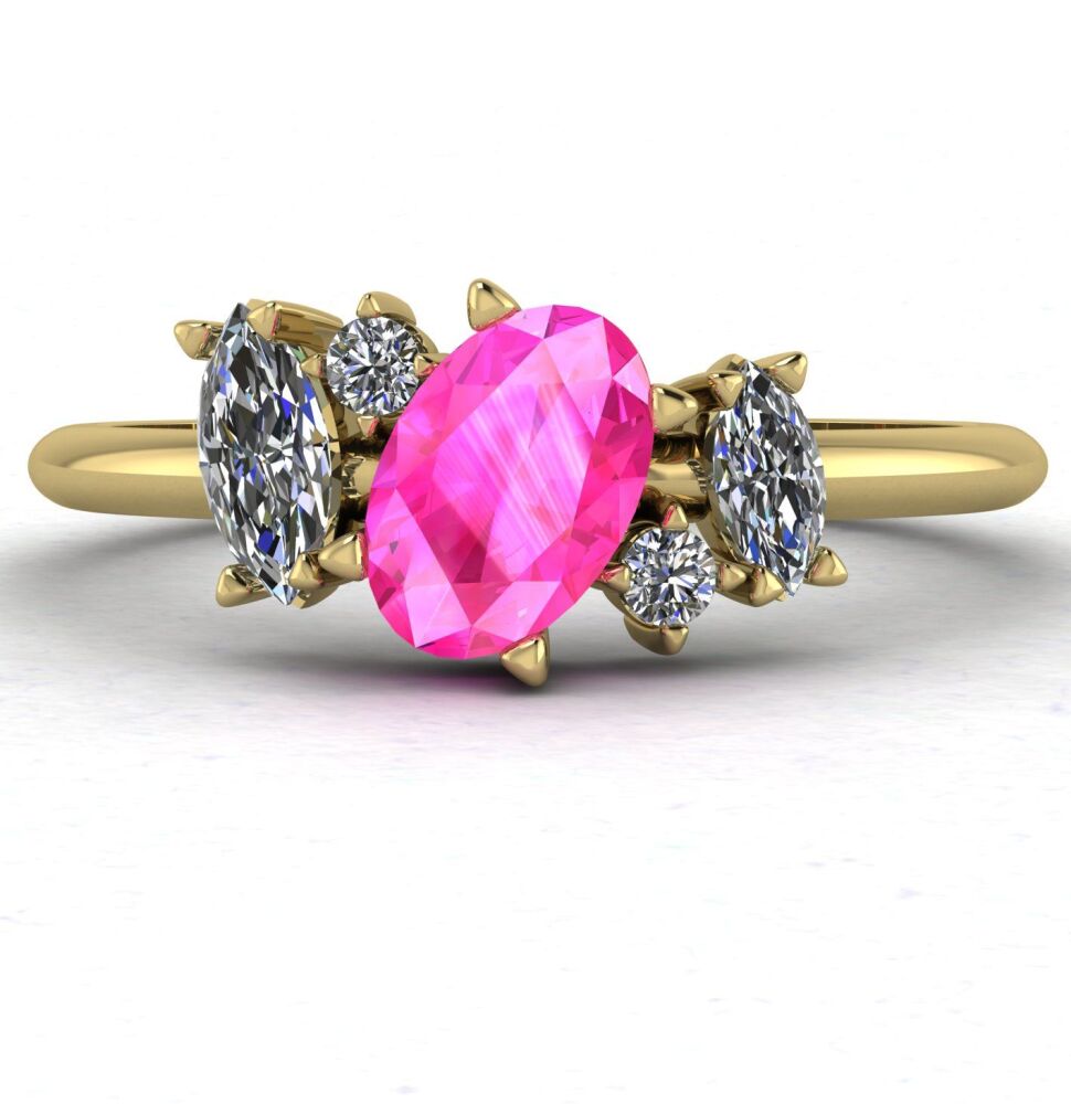 Atlantis Pink Sapphire and Diamond Asymmetrical Engagement Ring in 18ct Yellow Gold