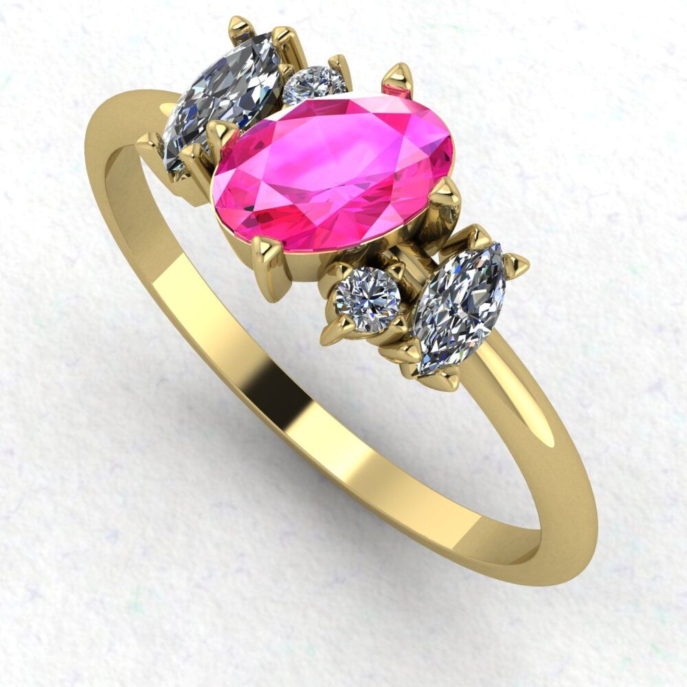 Atlantis Pink Sapphire and Diamond Asymmetrical Engagement Ring in 18ct Yellow Gold