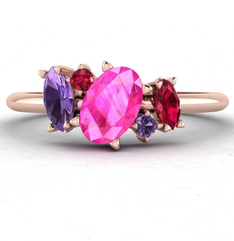 Atlantis Pink Violet Sapphire and Ruby Asymmetrical Engagement Ring in 18ct Rose Gold