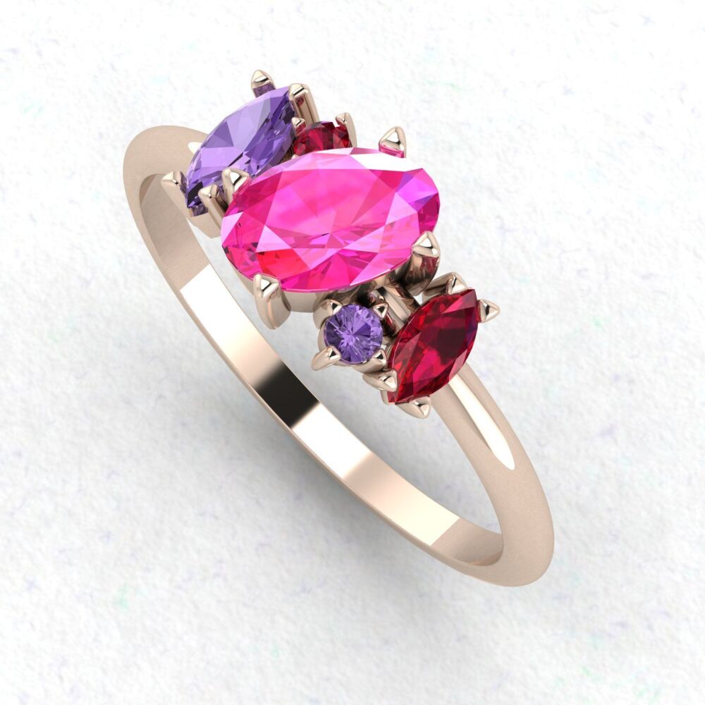 Atlantis Pink Violet Sapphire and Ruby Asymmetrical Engagement Ring in 18ct Rose Gold