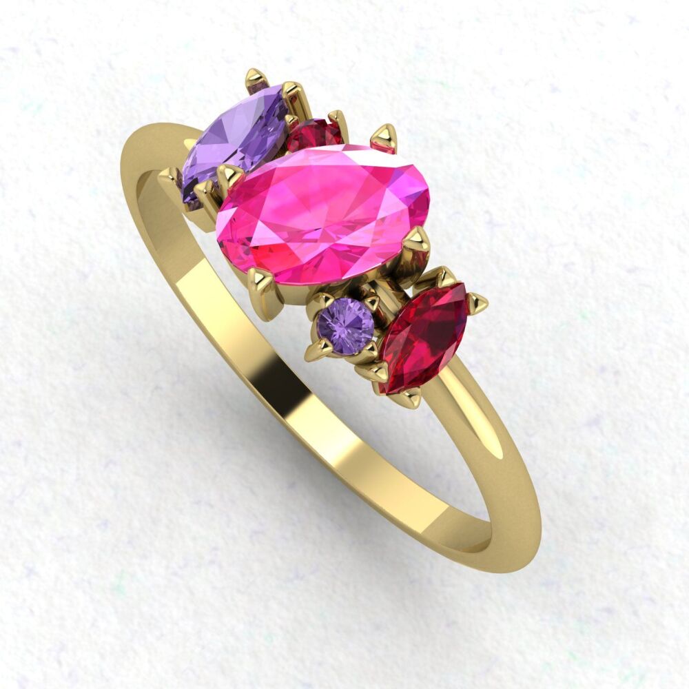Atlantis Pink Violet Sapphire and Ruby Asymmetrical Engagement Ring in 18ct Yellow Gold