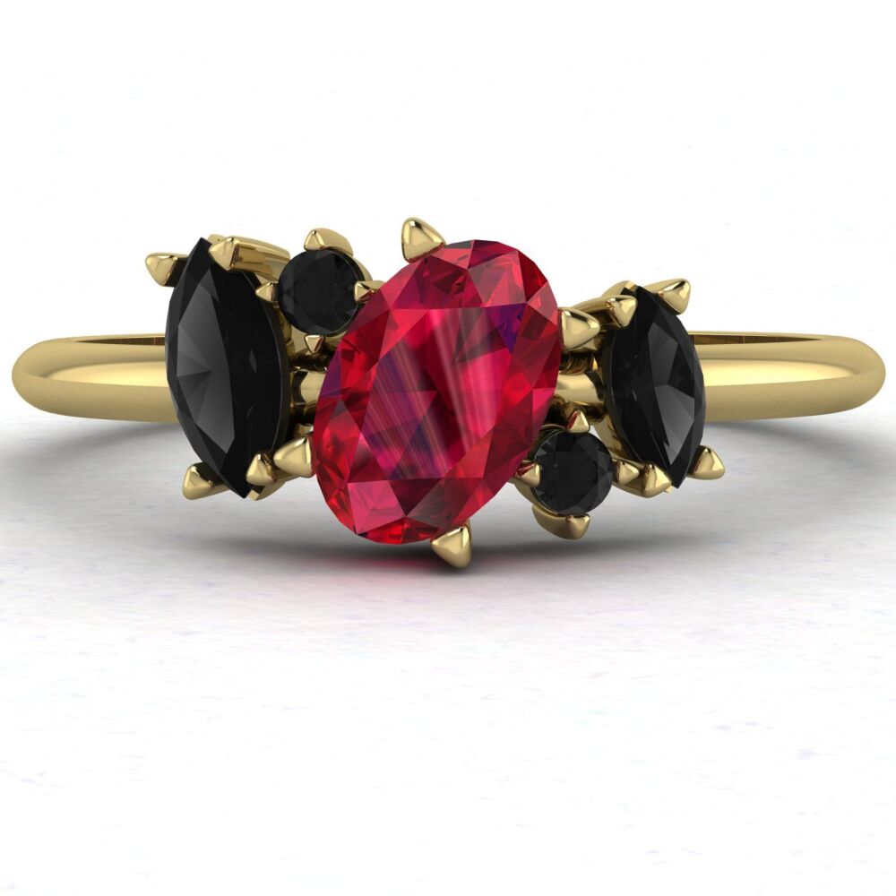 Atlantis Ruby and Black Diamond Asymmetrical Engagement Ring in 18ct Yellow Gold
