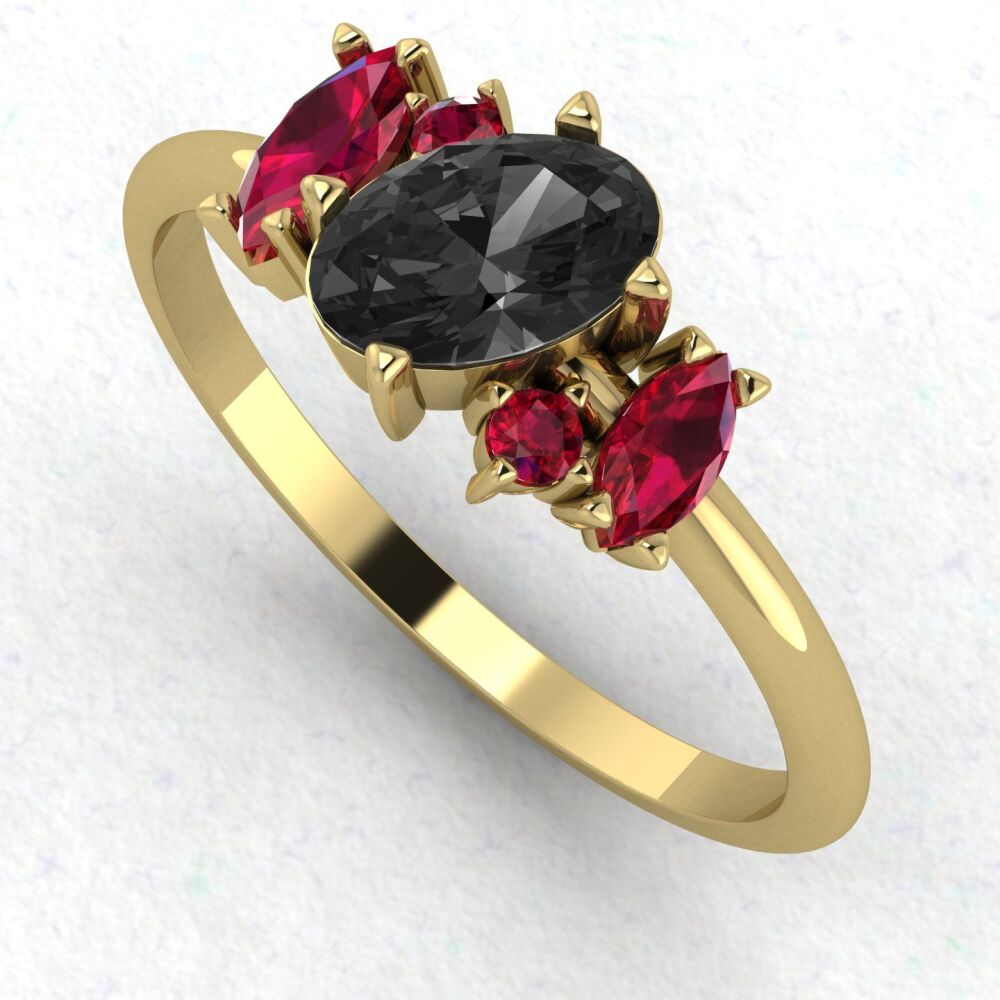 Atlantis Ruby and Black Diamond Asymmetrical Engagement Ring in 18ct Yellow Gold