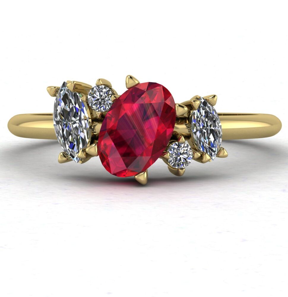Atlantis Ruby and Diamond Asymmetrical Engagement Ring in 18ct Yellow Gold