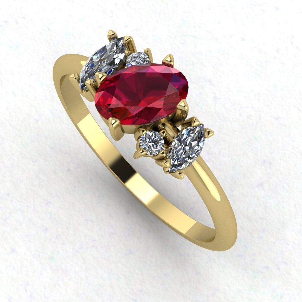 Atlantis Ruby and Diamond Asymmetrical Engagement Ring in 18ct Yellow Gold