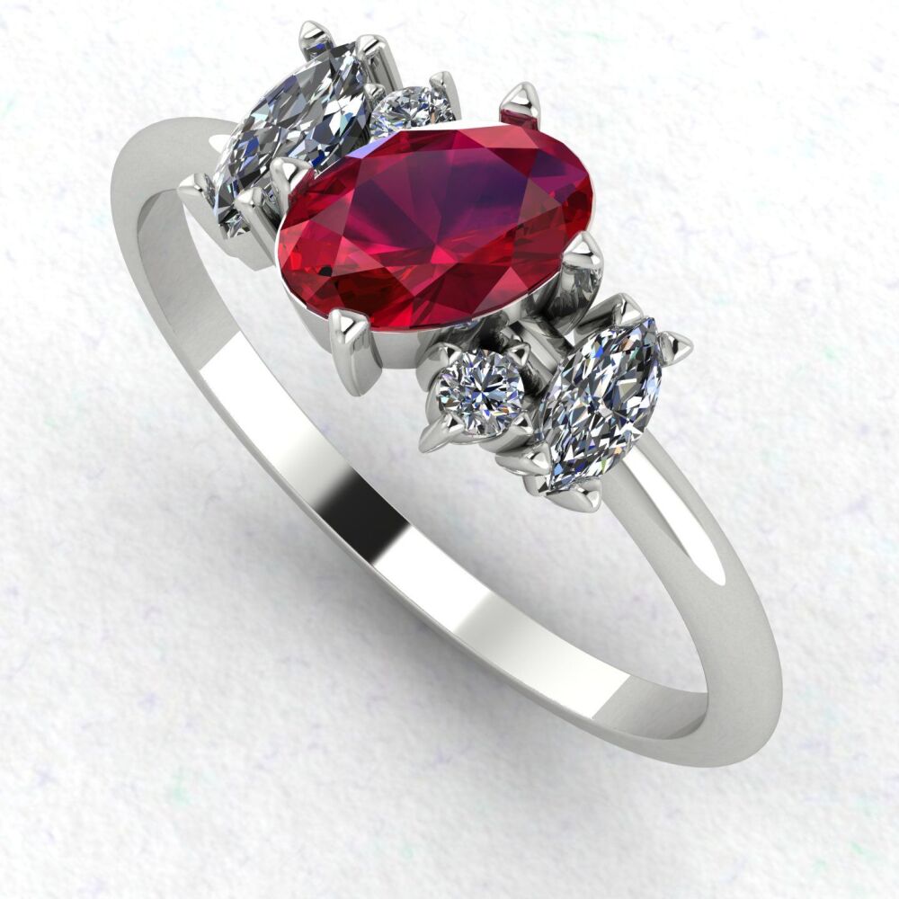Atlantis Ruby and Diamond Asymmetrical Engagement Ring in Platinum or 18ct White Gold