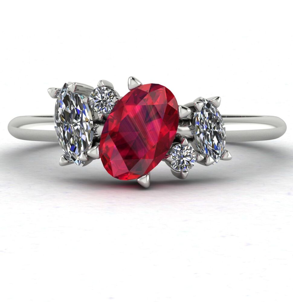 Atlantis Ruby and Diamond Asymmetrical Engagement Ring in Platinum or 18ct White Gold