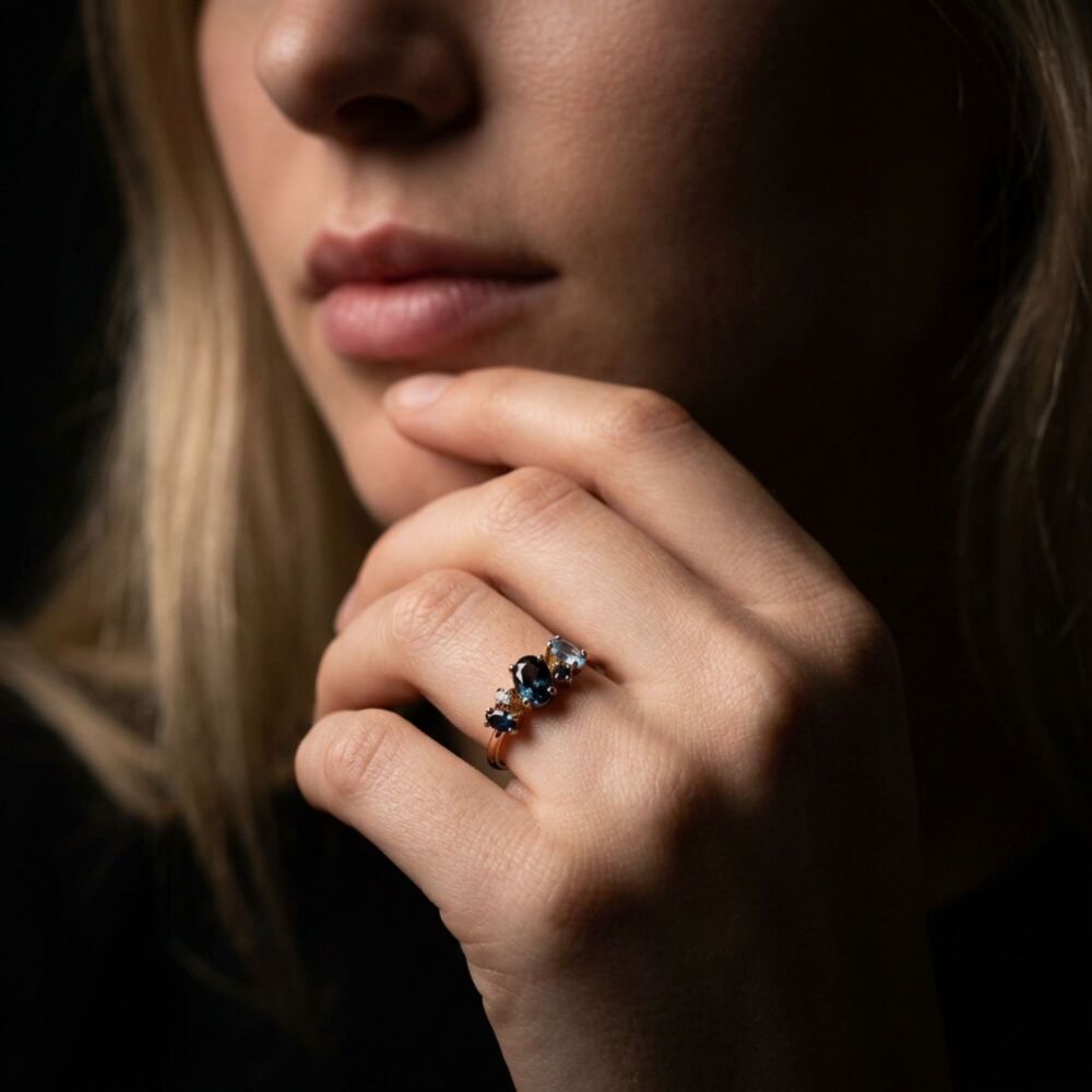 Atlantis London Blue Topaz and Sapphire Asymmetrical Engagement Ring in 18ct Rose Gold