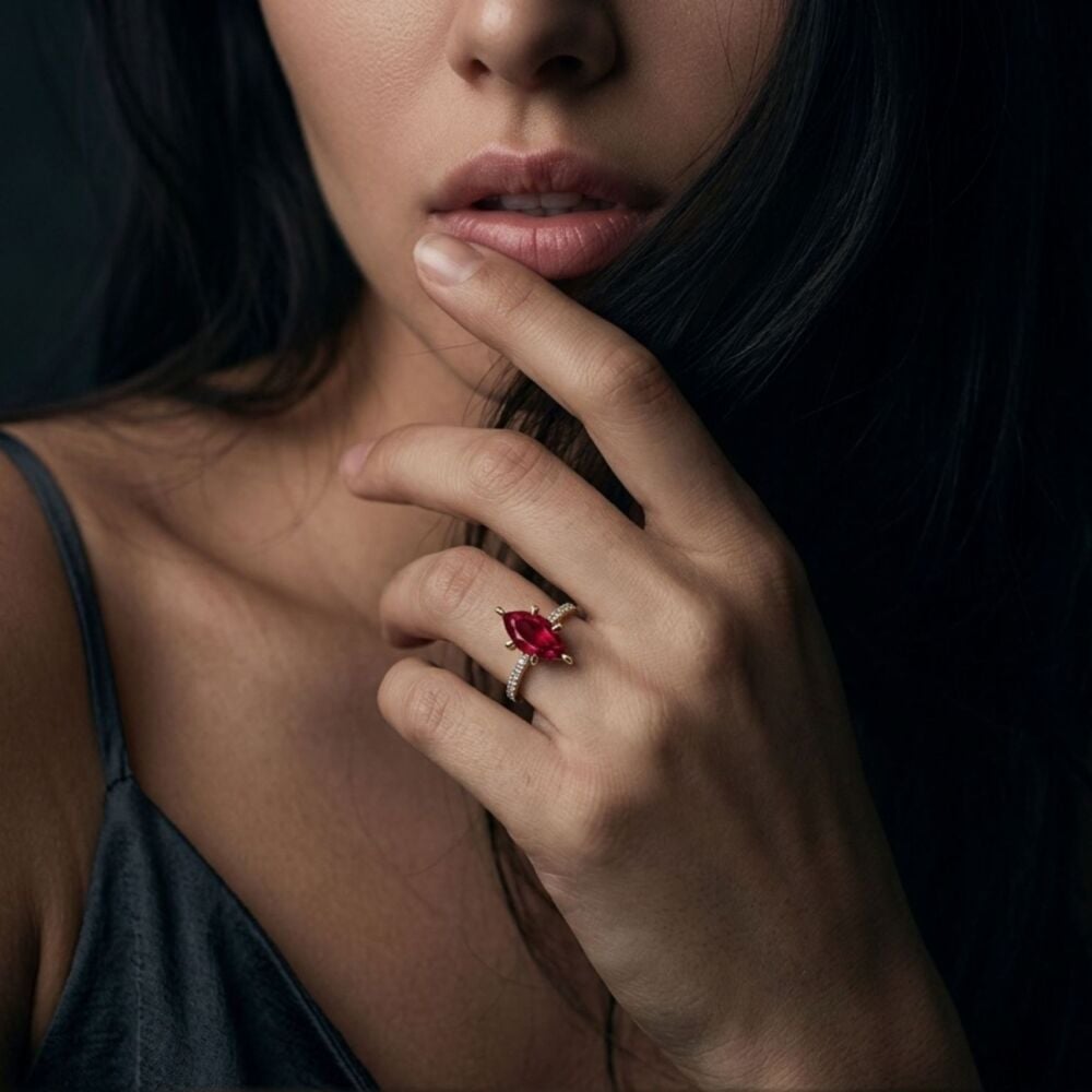 Amoret: Marquise Ruby & Diamonds Rose Gold Engagement Ring