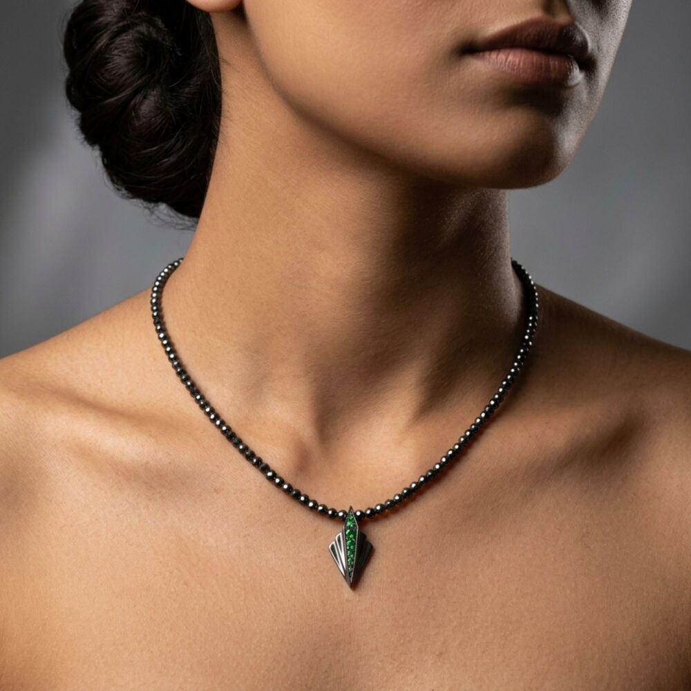 Silver Art Deco, Tsavorite Green and Hematite Gemstone Necklace