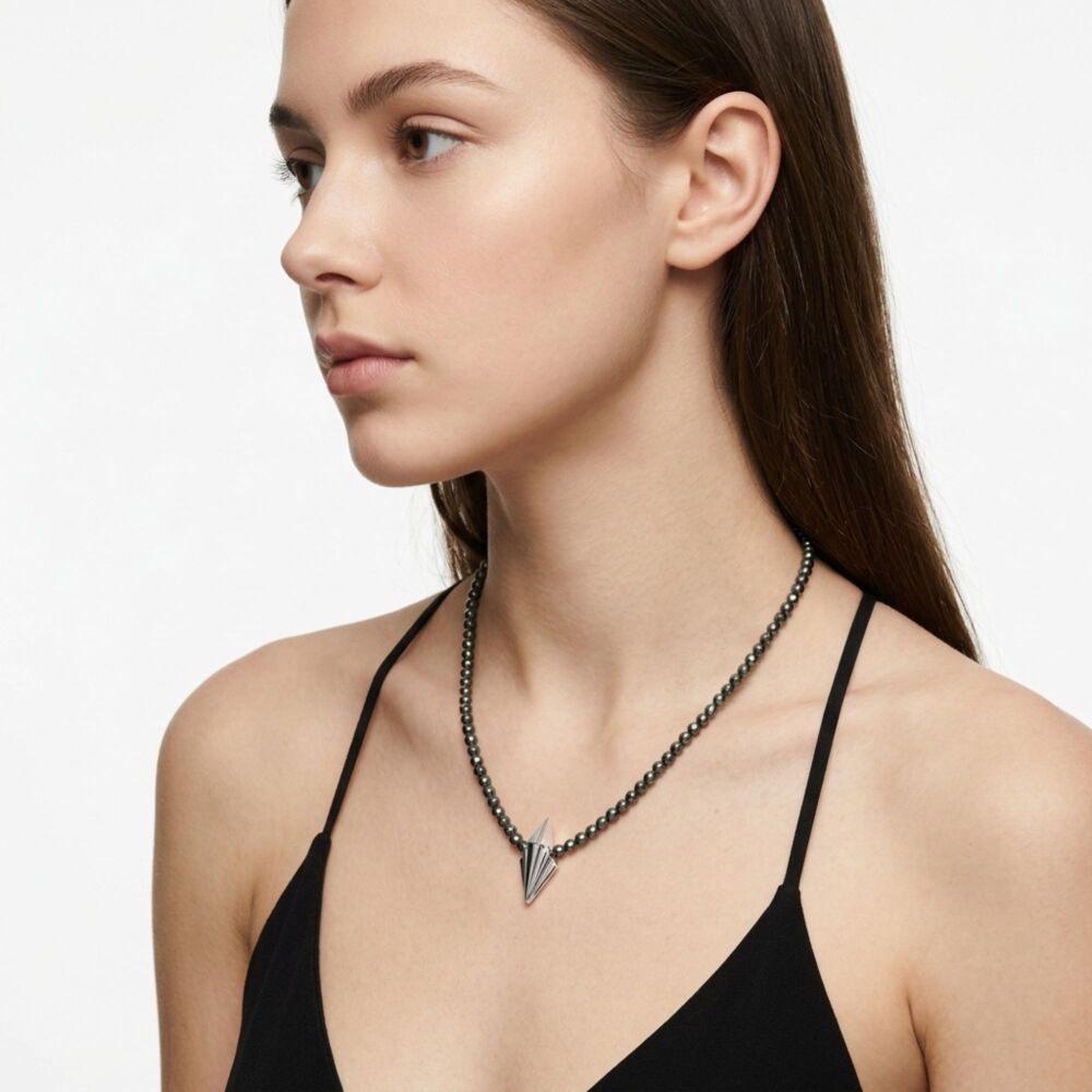 Art Deco Silver Pendant On A Hematite Gemstone Necklace