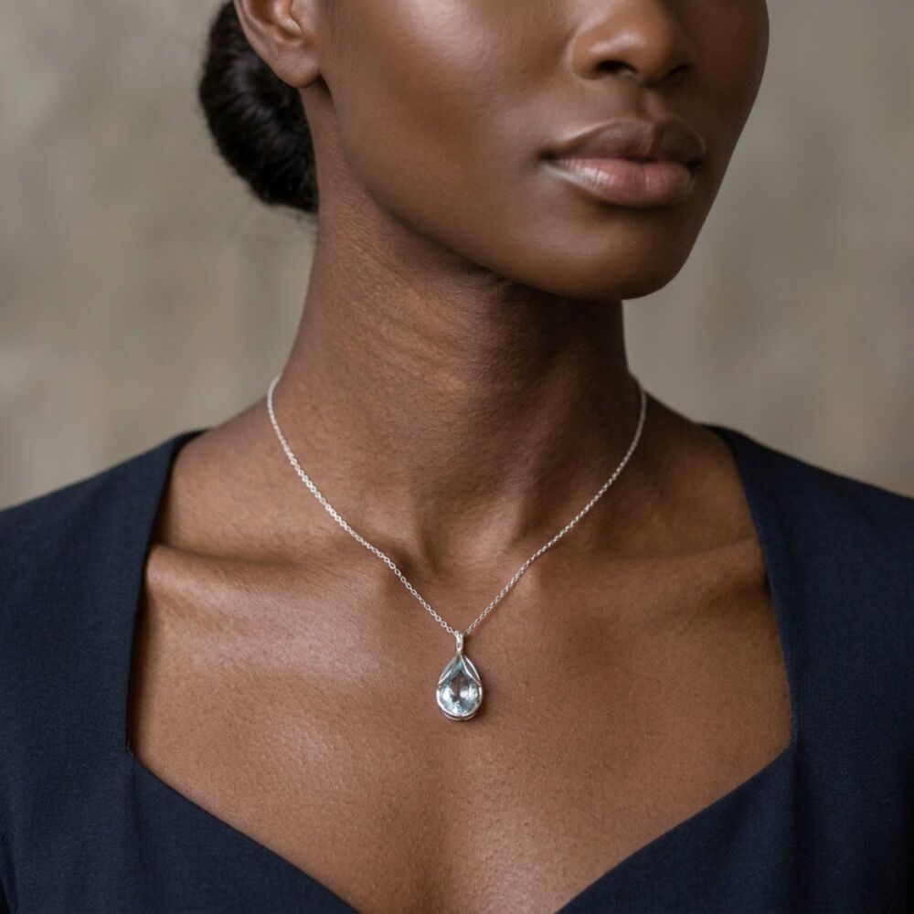 Pear Shaped Aquamarine & Diamond White Gold Pendant