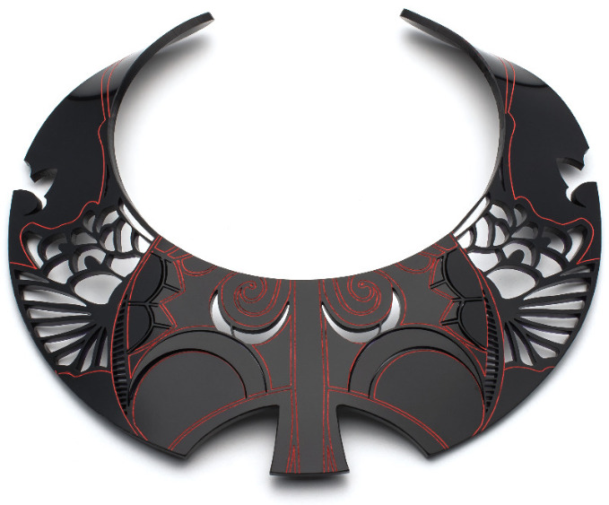 black and cadmium red acrylic neckpiece, alternative unusual jewellery