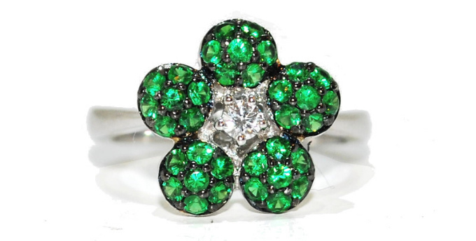 green garnet and diamond flower unusual engagement ring