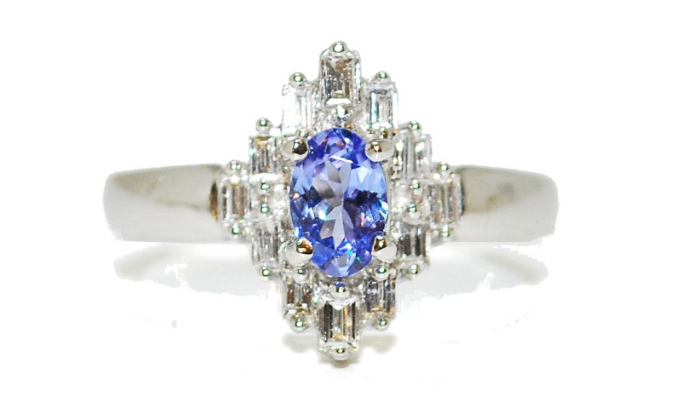diamond and tanzanite baguette engagement ring