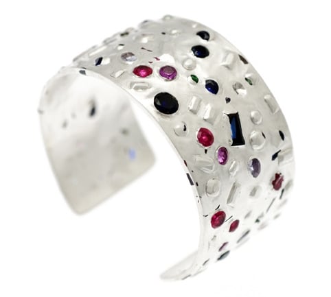 Unique handmade gemstone encrusted silver cuff