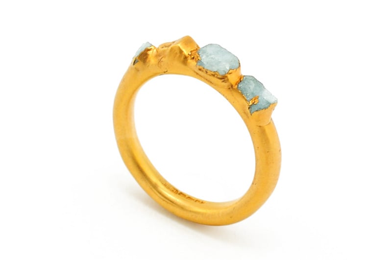 crystal ring - 22ct gold plated silver with raw aquamarine crystals