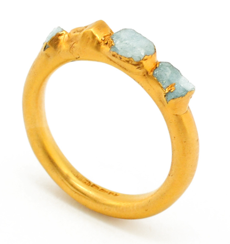crystal ring - 22ct gold plated silver with raw aquamarine crystals