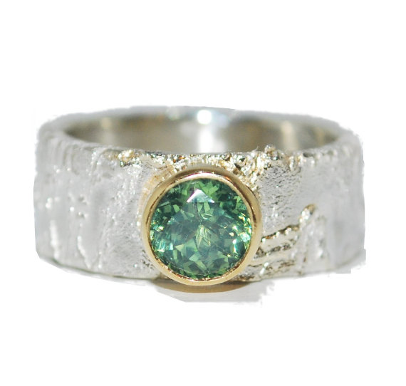 green zircon silver textured and gold ring