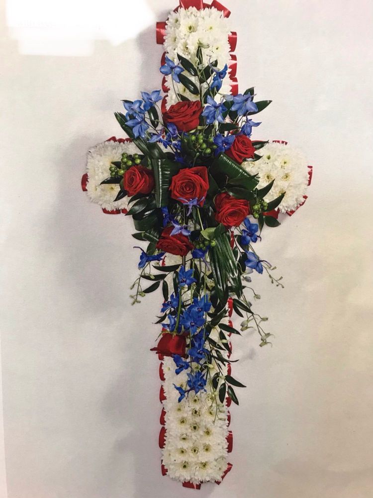 White massed cross with Red and Blue Spray 3ft