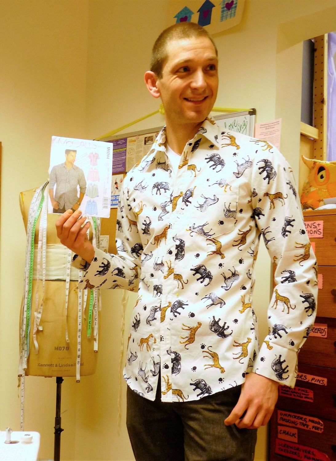 Tony in his completed shirt sewn in classes at Sew In brighton, East Sussex