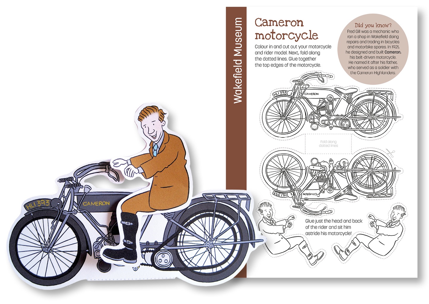 Blackbird Publishing Wakefield Museum Colouring Papercraft Activity Sheet Motorcycle and Rider Model