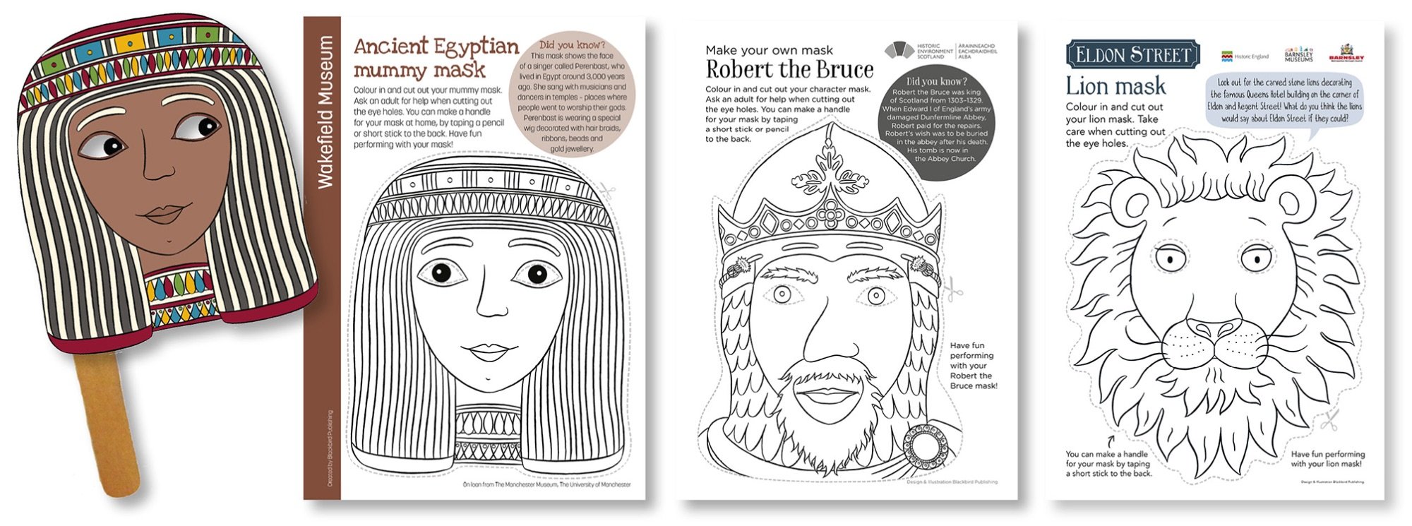 Blackbird Publishing Colouring Papercrafts  hand-held historical character and animal masks