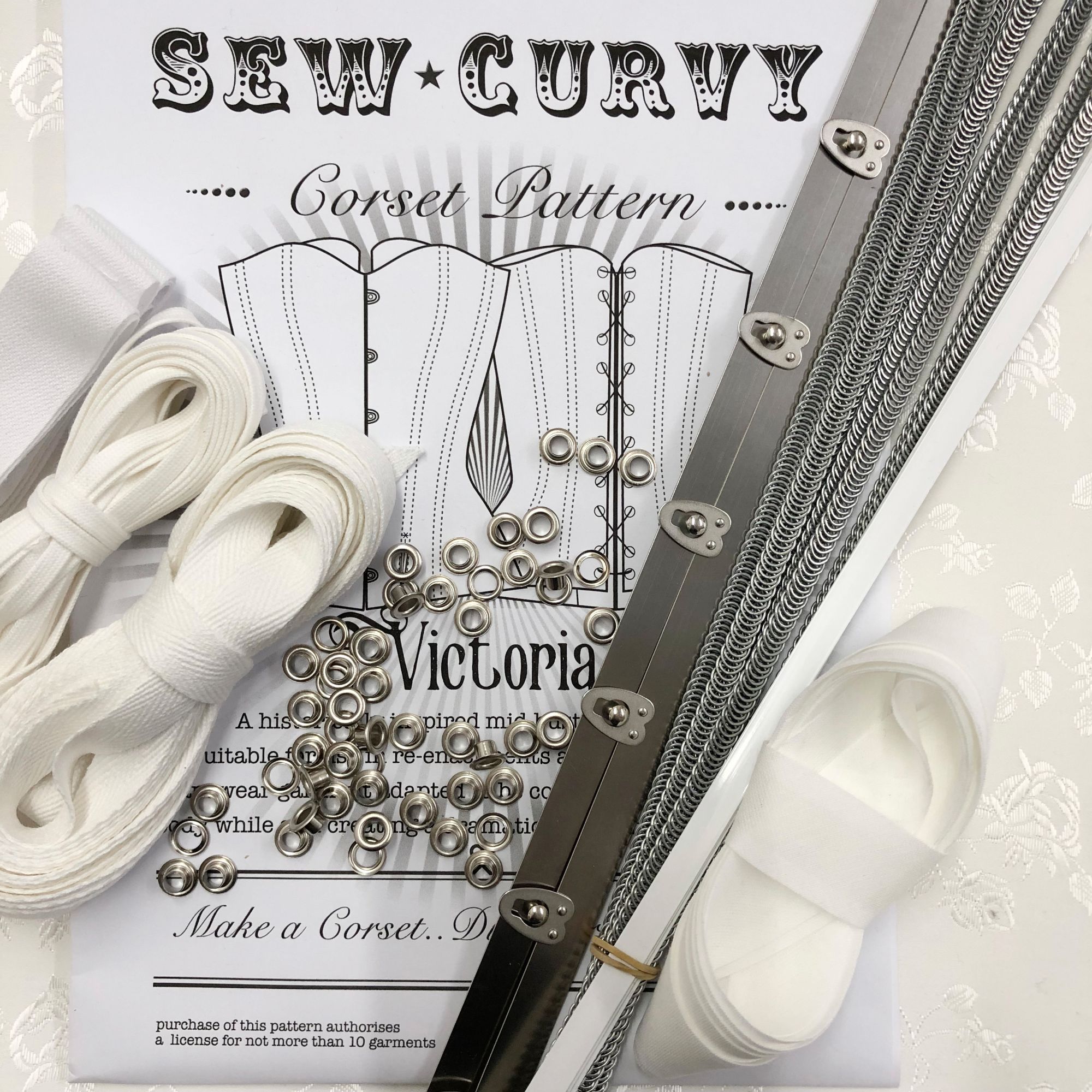 Corset making kit containing everything you need to make a corset