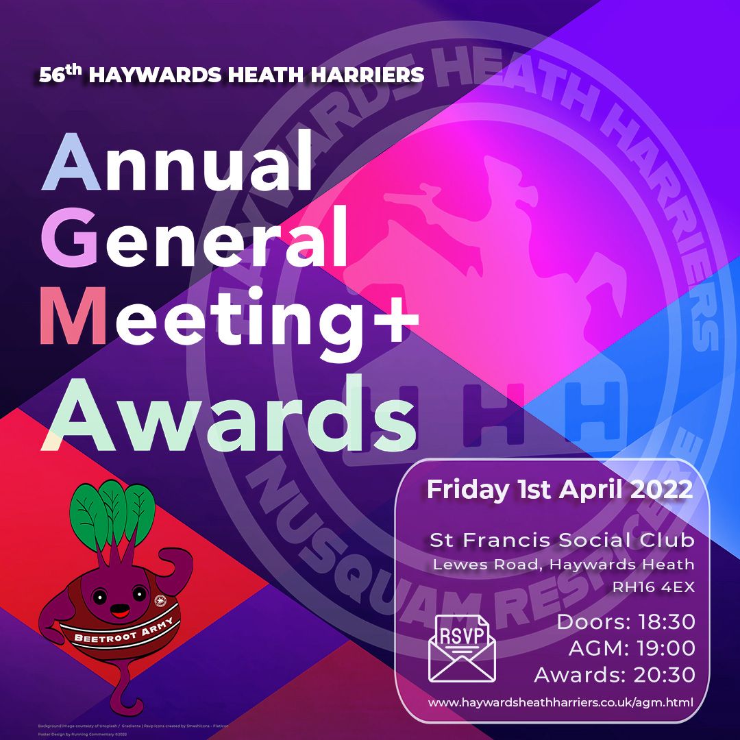 Promotional flyer with details of the Haywards Heath Harriers  AGM and Awards night. 