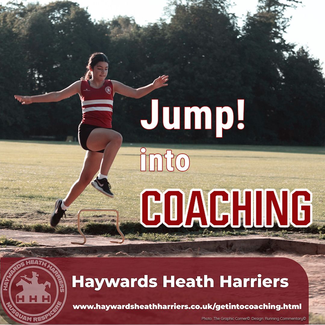 Girl wearing Haywards Heath Harriers colours jumping into long jump pit