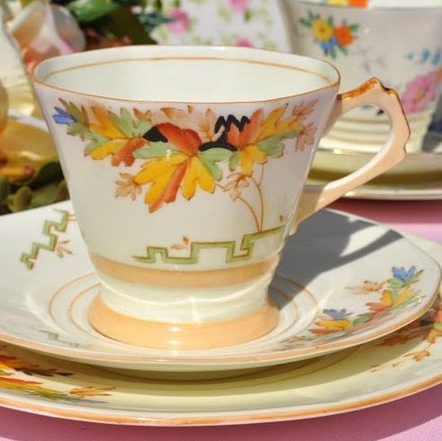 Tuscan Art Deco Buttercream Hand Painted Teacup Trio c.1936