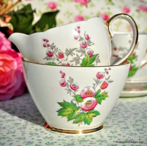 Old Royal Hollyhock Hand Painted Vintage Bone China Milk Jug and Sugar Bowl