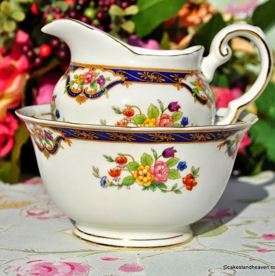Tuscan Fine Bone China Blue Band and Floral Pattern Milk Jug and Sugar Bowl