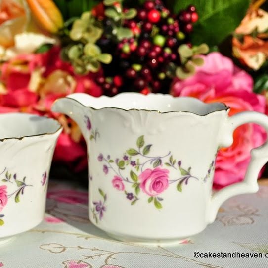 Collingwood Frilly Rim Pretty Pink Roses China Milk Jug and Sugar Bowl