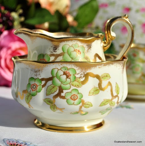Royal Albert Crown China 9072, Cream, Green, Gold Milk Jug and Sugar Bowl