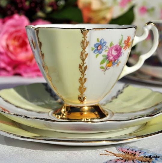 Imperial 22KT Gold Pale Yellow and Floral Vintage Tea Cup Trio